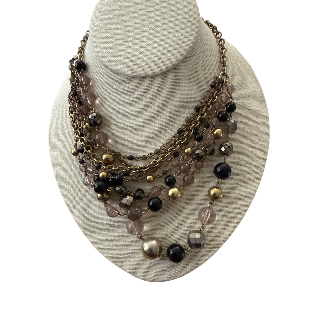 Lia Sophia Multi Strand Statement Necklace Bronze Black Gold Beaded Layered